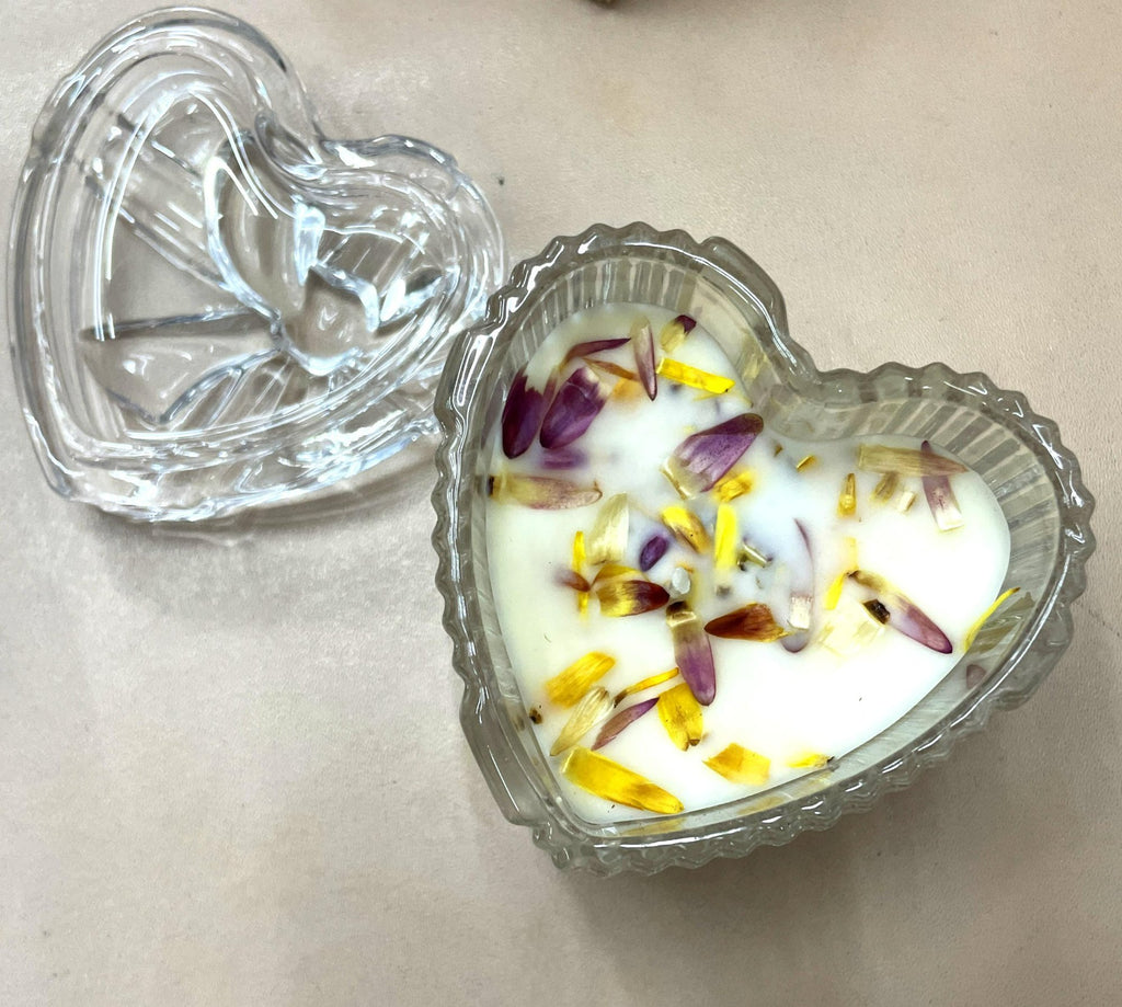 Heart Shape Jar Candle Hand Poured Soy Wax Decorated with Flower Petals