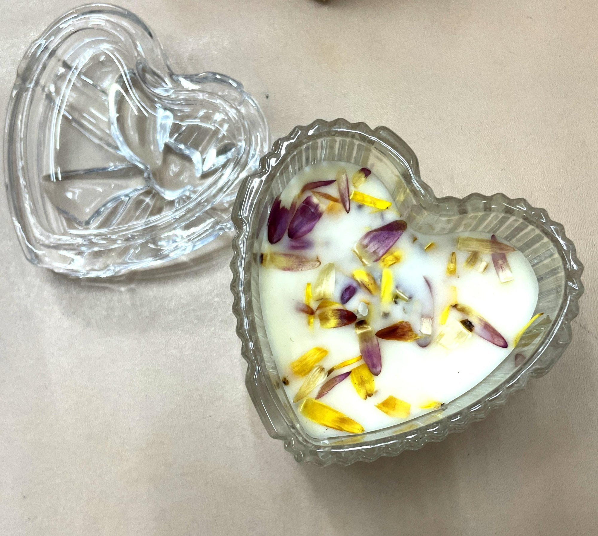 Heart Shape Jar Candle Hand Poured Soy Wax Decorated with Flower Petals
